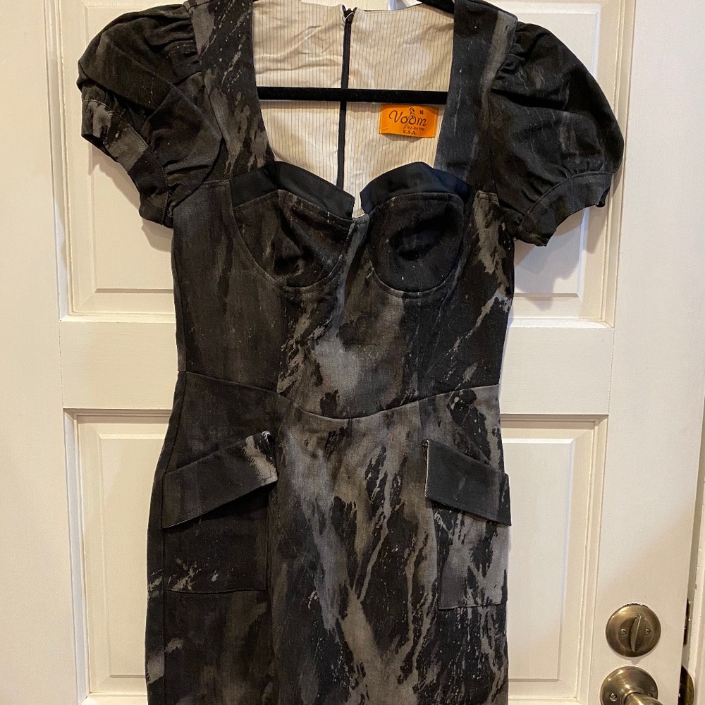 Voom Joy Han Black Denim Bleach Dyed Wiggle Dress